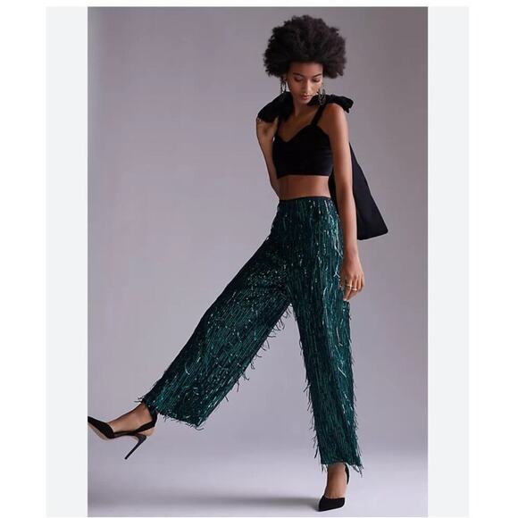 Maeve Pants - NWT Maeve By Anthropologie Sequin-Embellished Trousers Size 4 Green Sparkle Blk